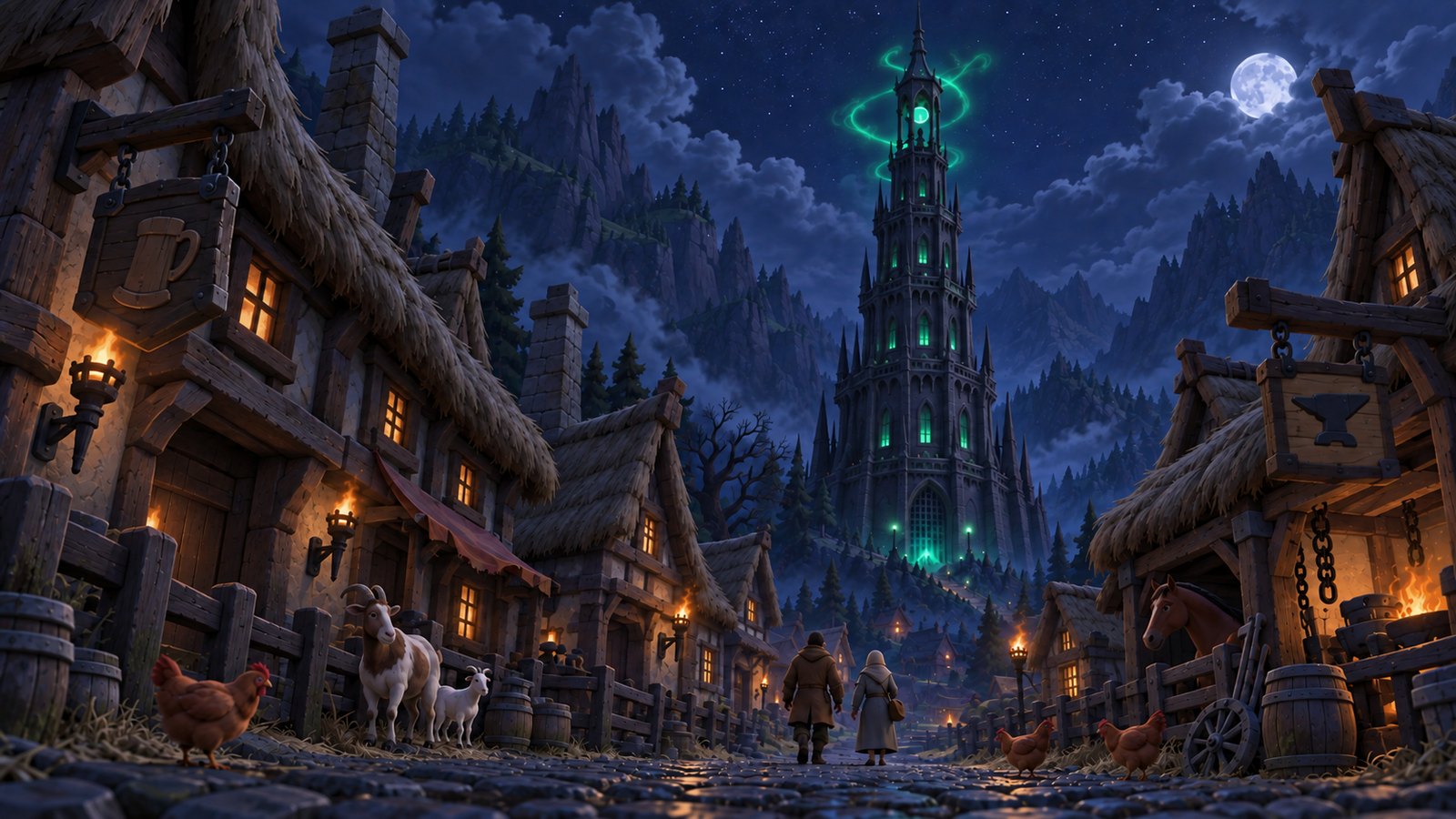 Concept image of a medieval village beneath a massive glowing tower
